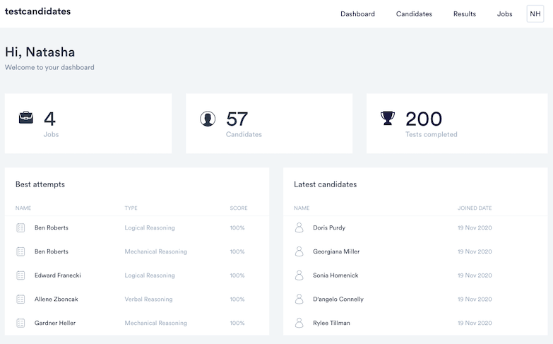 Screenshot of application dashboard